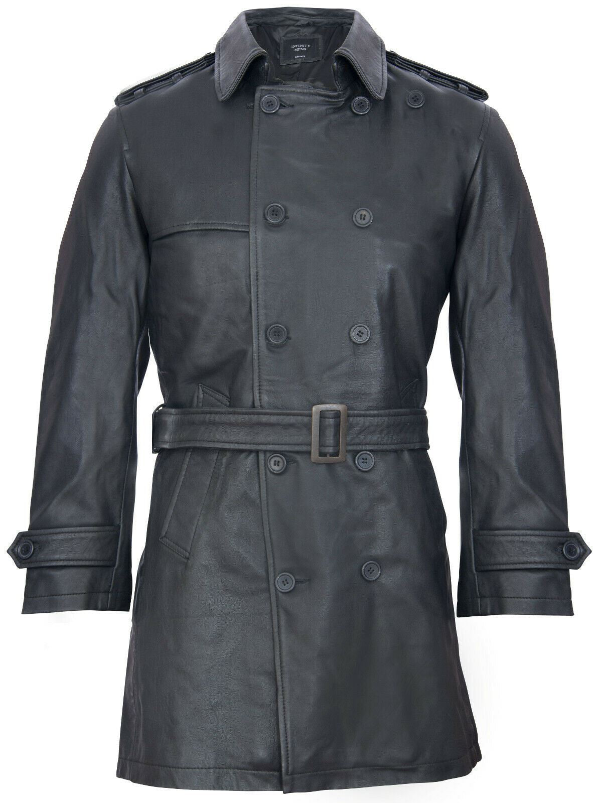 Mens Black Leather Trench Coat-Memphis