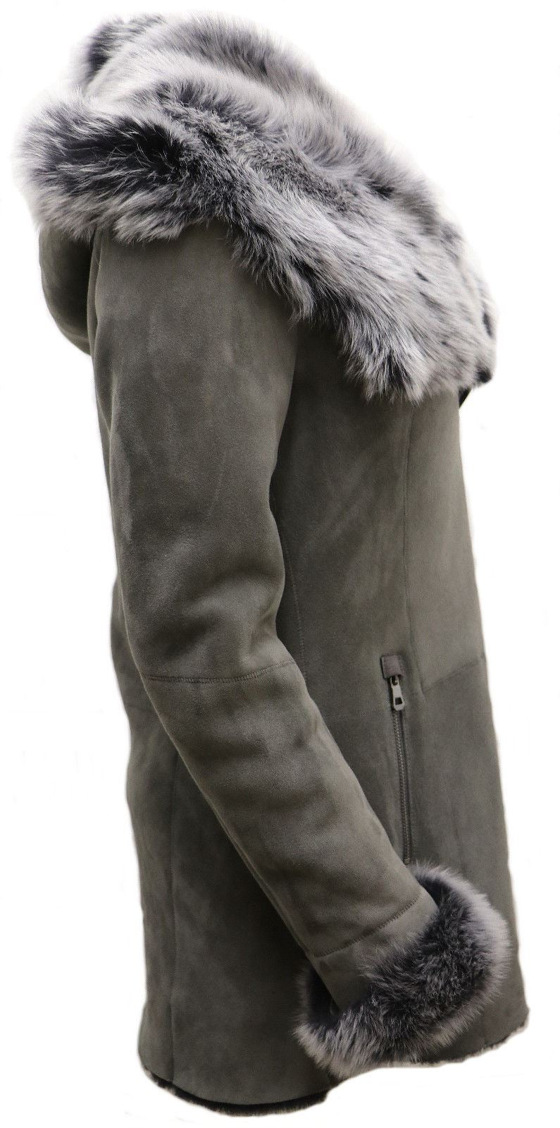 Womens Grey Suede Hooded Merino Sheepskin Coat-Monrovia