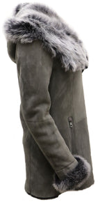 Womens Grey Suede Hooded Merino Sheepskin Coat-Monrovia
