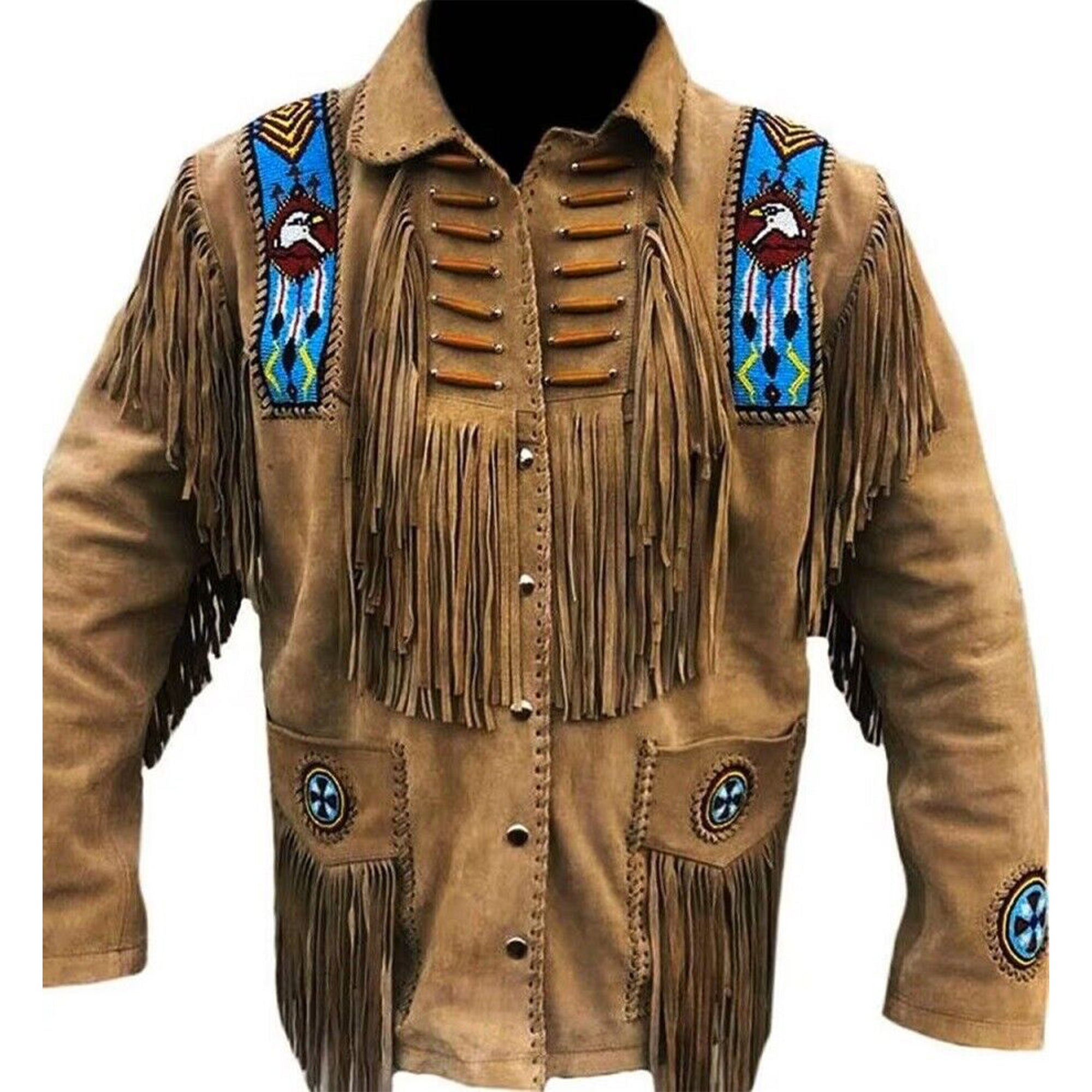 MATARTS Western Cowboy Fringes Beaded Suede Leather Jacket for Men's - Native American and Biker Style Classic Fashion Coat