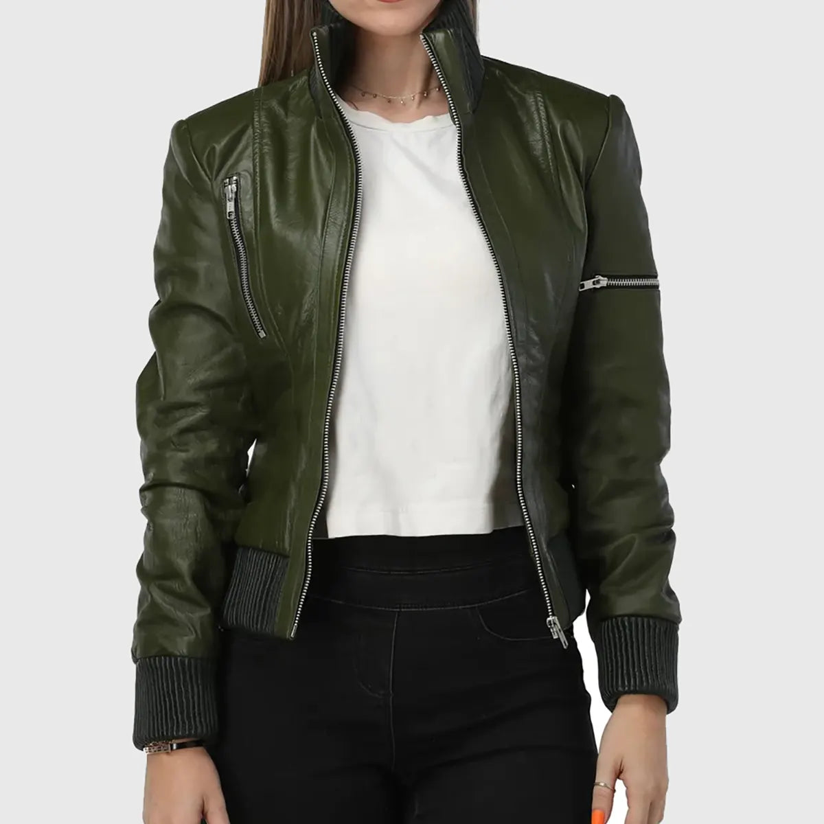 Womens Green Bomber Leather Jacket