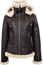 Women's Handmade Real Brown Shearling Bomber Leather Jacket With Detachable Hood | Womens B3 RAF Bomber Jacket | Womens Aviator Jacket