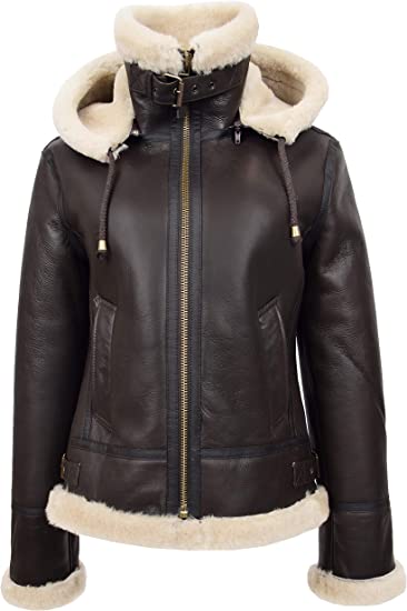Women's Handmade Real Brown Shearling Bomber Leather Jacket With Detachable Hood | Womens B3 RAF Bomber Jacket | Womens Aviator Jacket