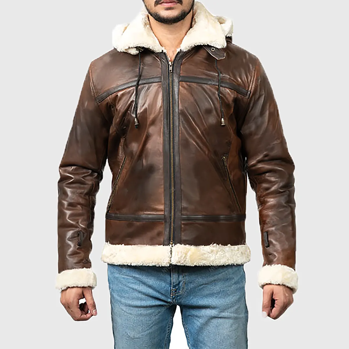 Men’s Brown Hooded B-3 Bomber Leather Jacket
