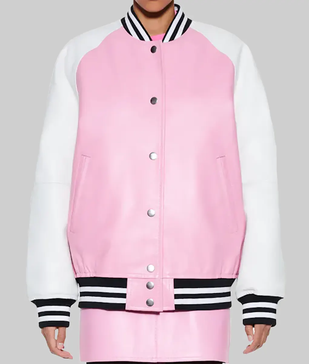 Women’s Pink and White Leather Varsity Jacket