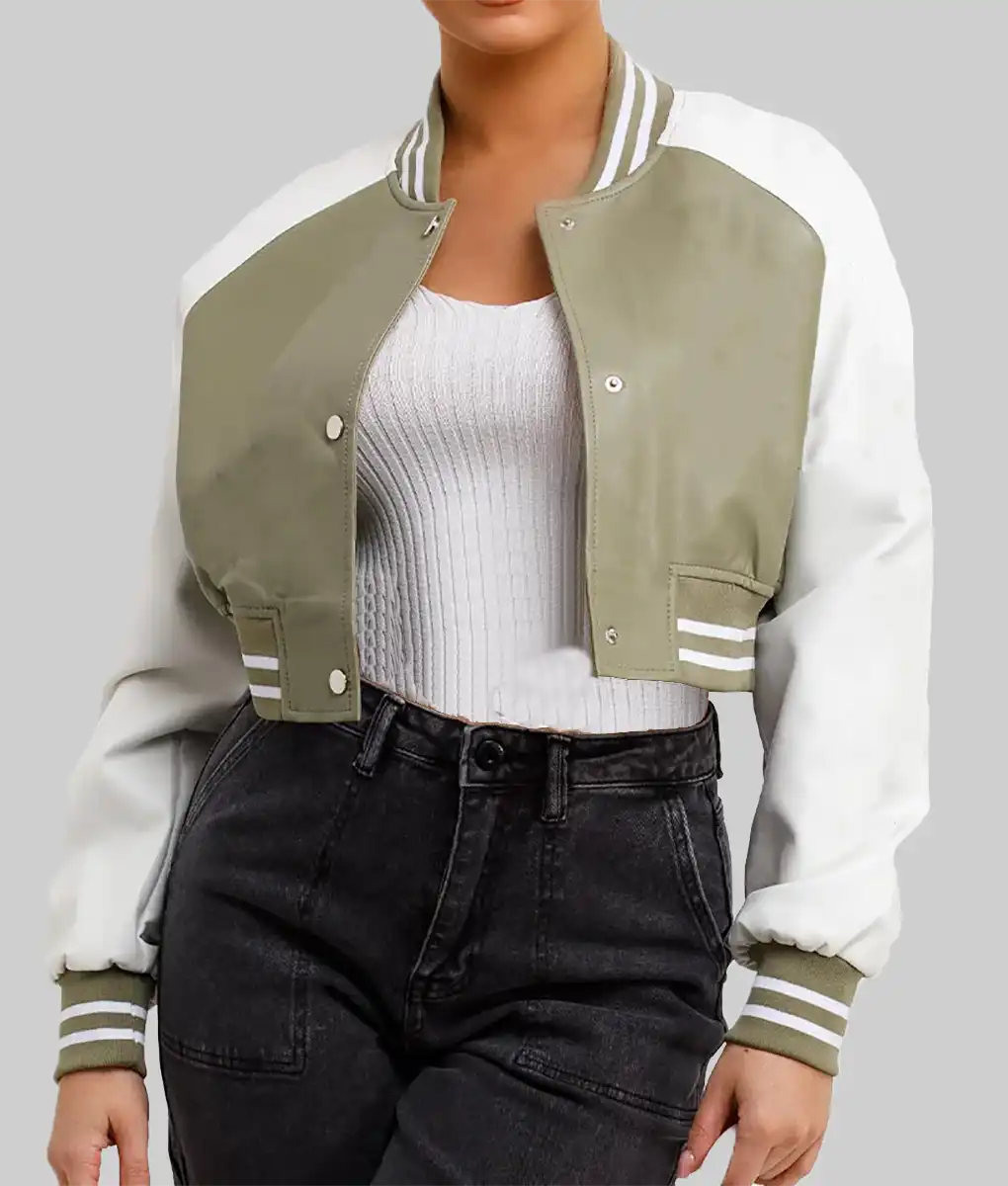 Women’s Olive Green and White Leather Varsity Jacket