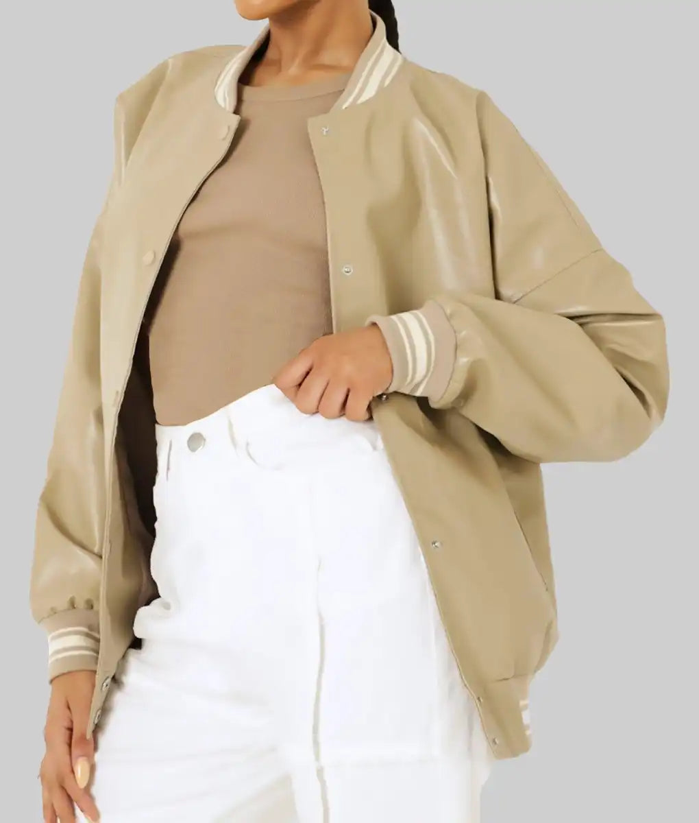 Women’s Beige Leather Varsity Jacket