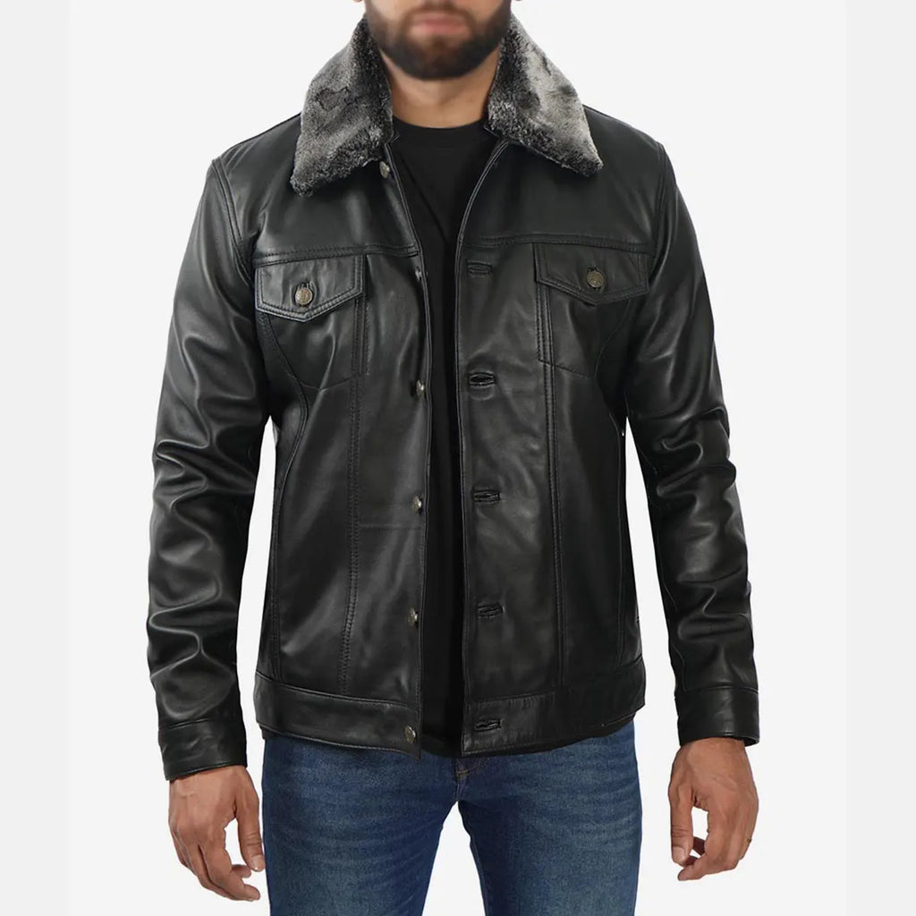 Men’s Black Trucker Shearling Leather Jacket