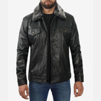 Men’s Black Trucker Shearling Leather Jacket