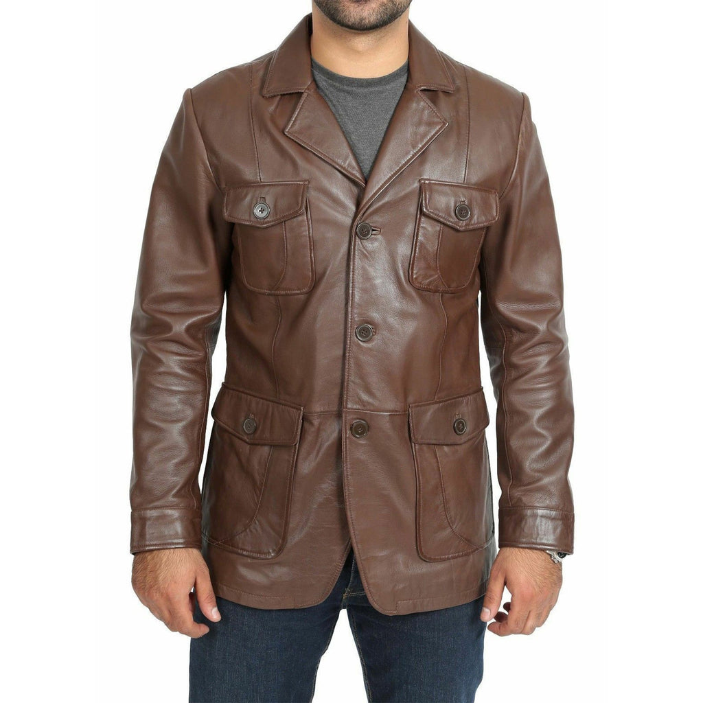 Mens Brown Four Pockets Leather Blazer