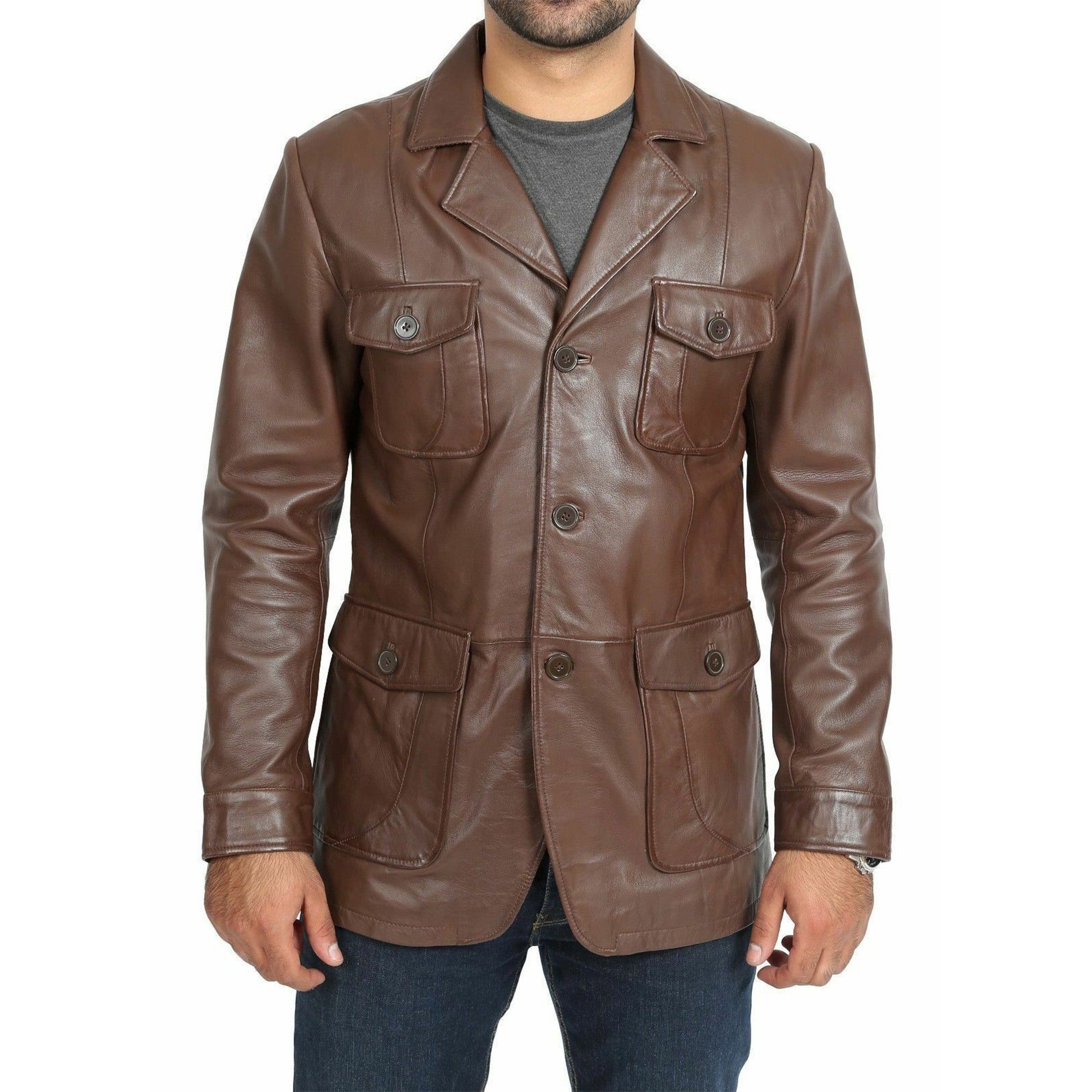 Mens Brown Four Pockets Leather Blazer