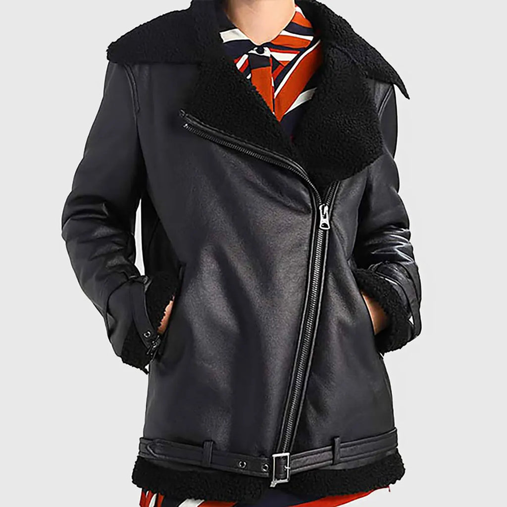 Women’s Oversized Black Bomber Leather Jacket