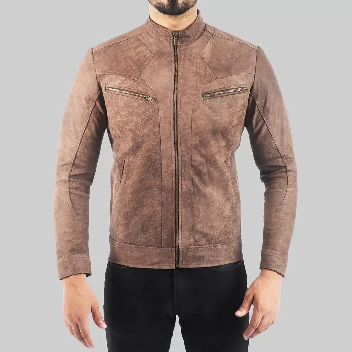 Men’s Distressed Brown Leather Biker Jacket
