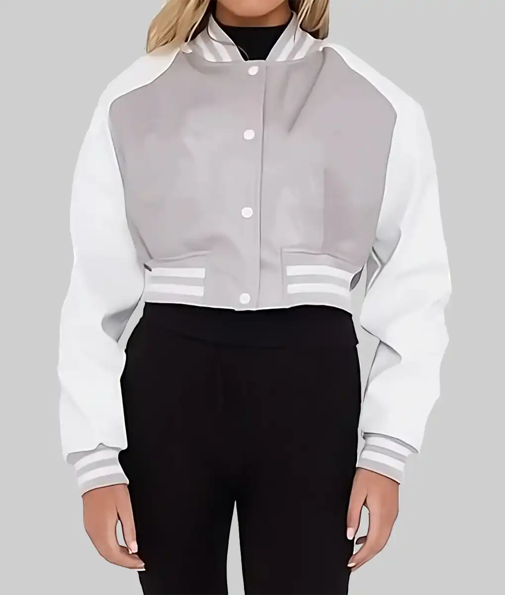 Women’s Grey and White Leather Varsity Jacket