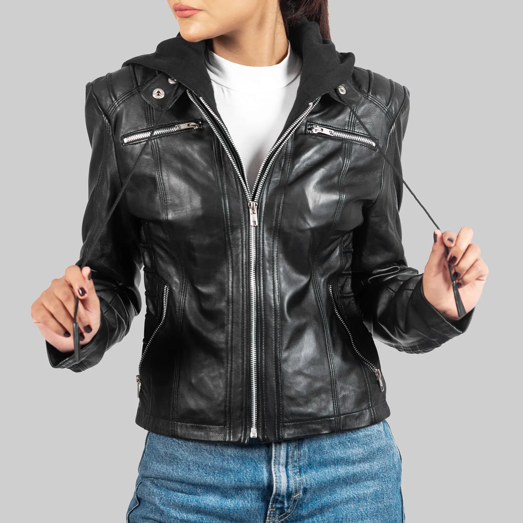 Women’s Black Hooded Biker Leather Jacket
