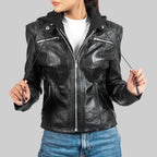 Women’s Black Hooded Biker Leather Jacket