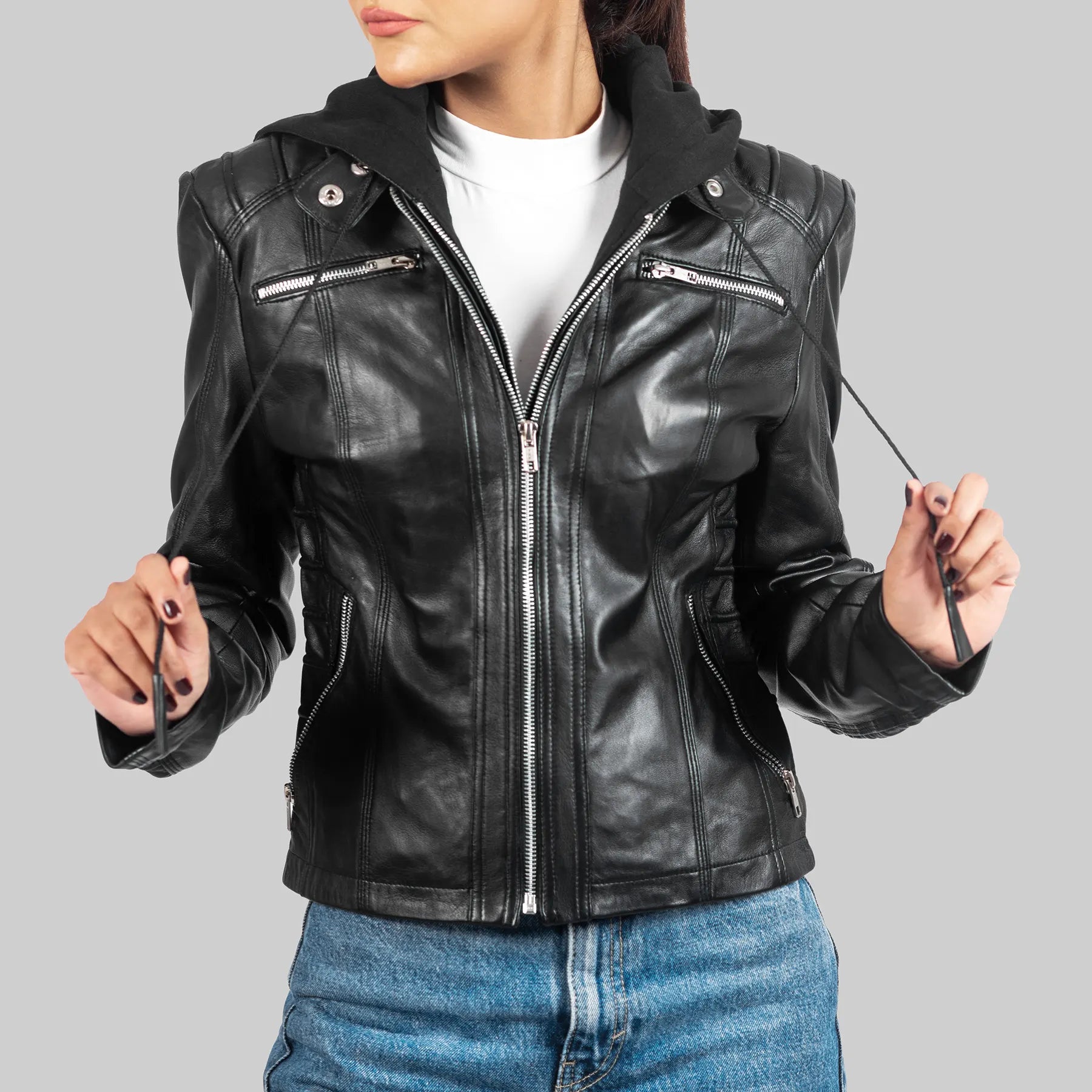 Women’s Black Hooded Biker Leather Jacket