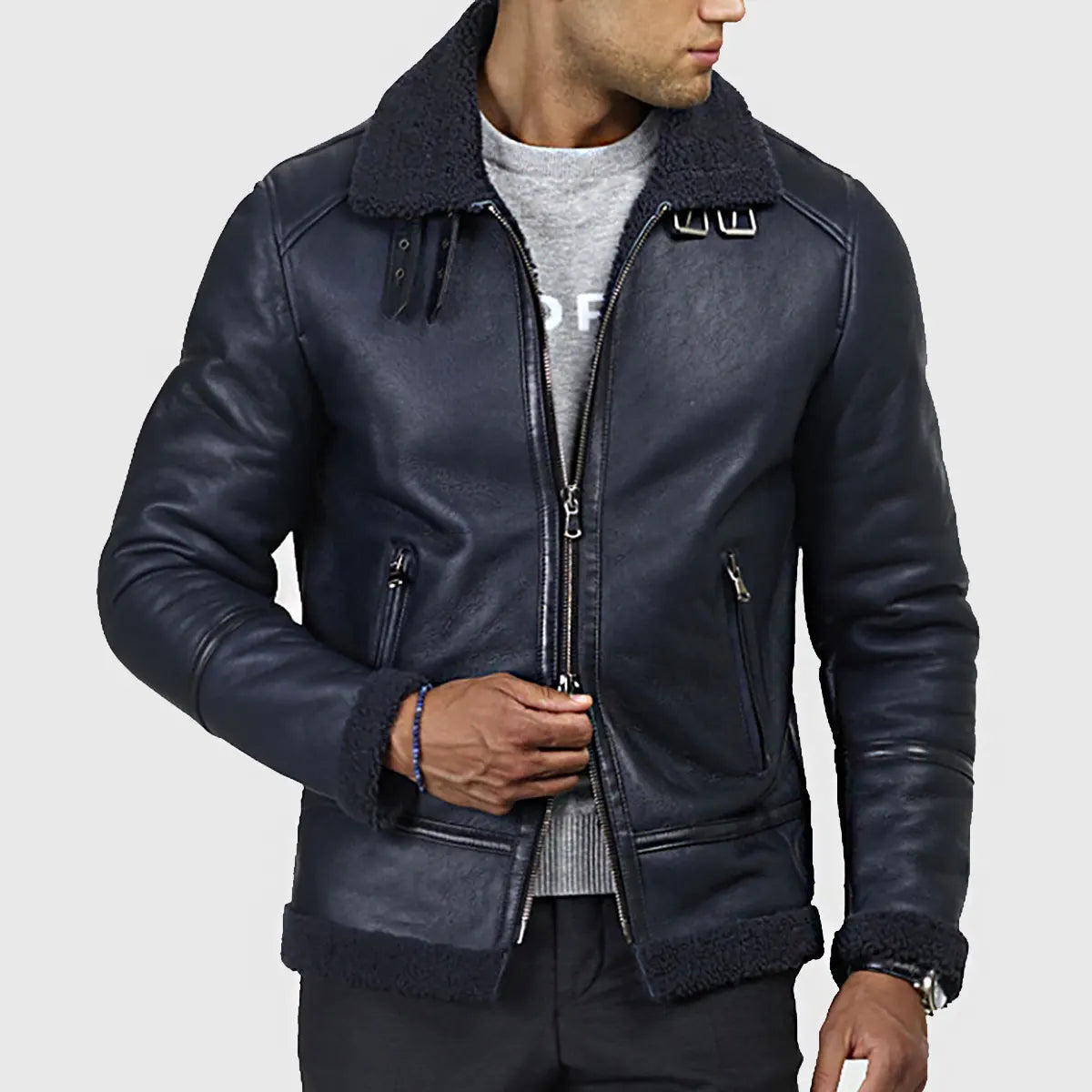 Carter Men’s Blue B-3 Bomber Leather Jacket