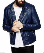 Men's Classic Leather Motorcycle Jacket - Double Zipper Real Leather Mens Moto Jacket