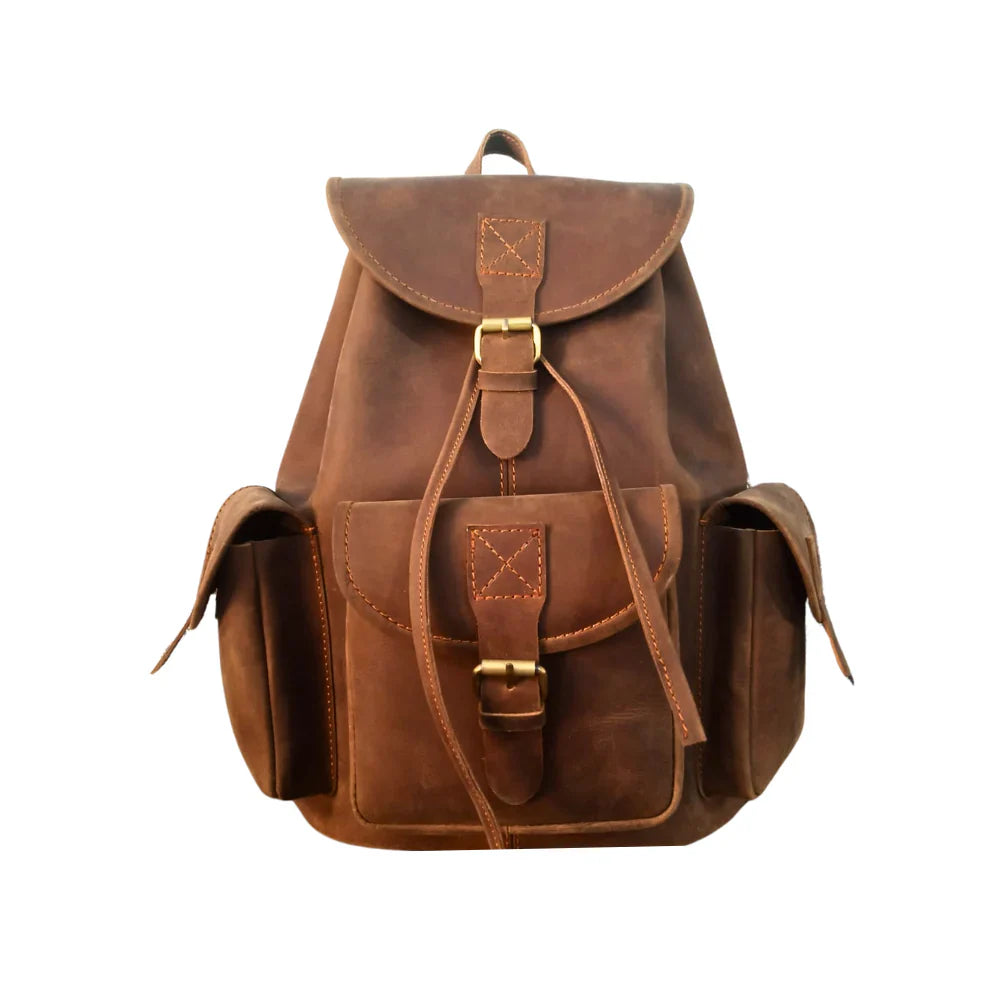 Vintage Dark Brown Leather Backpack - Handmade Leather Drawstring Bag