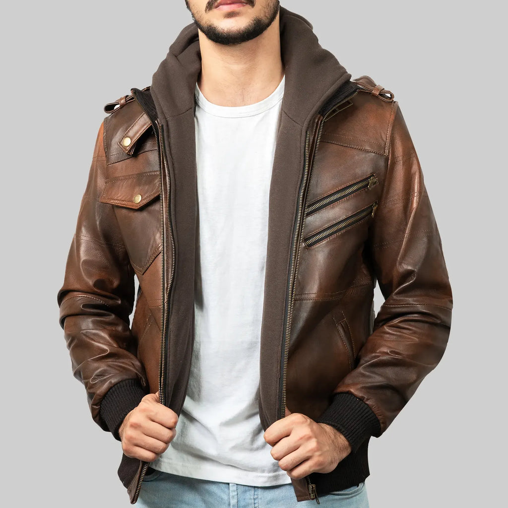 Men’s Brown Hooded Leather Biker Jacket