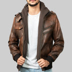 Men’s Brown Hooded Leather Biker Jacket