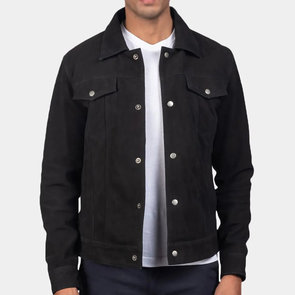 Men’s Black Trucker Suede Jacket