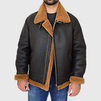 Men’s Black Hooded B-3 Bomber Leather Jacket