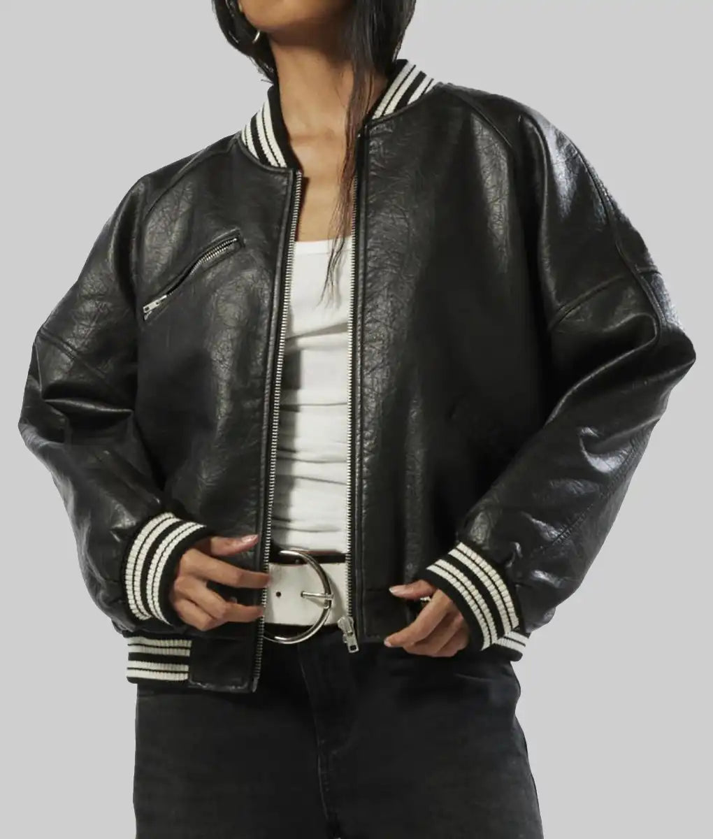 Women’s Black Leather Varsity Jacket