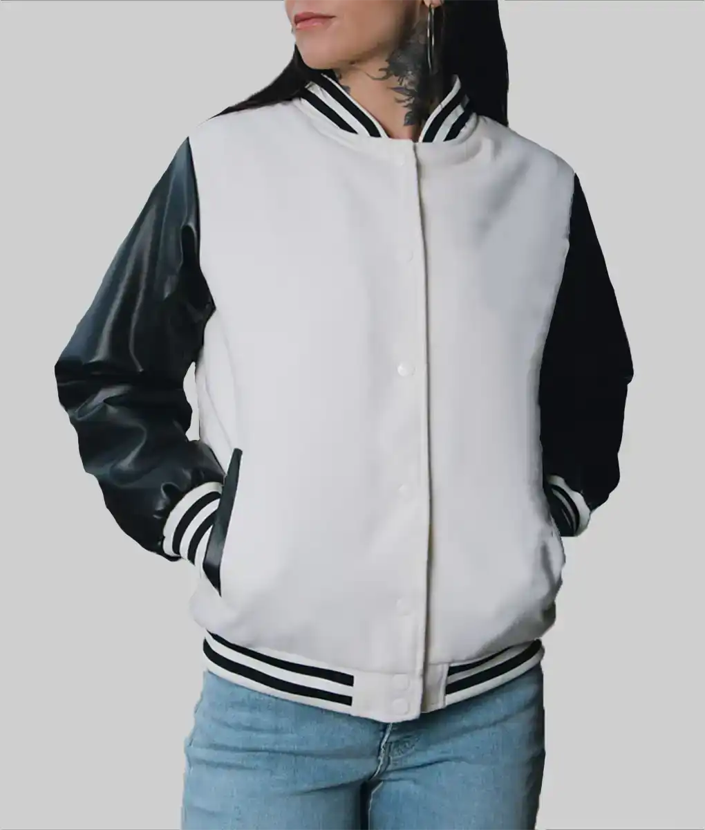Women’s White and Black Leather Varsity Jacket