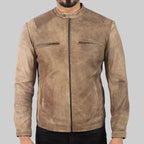 Men’s Distressed Beige Leather Biker Jacket