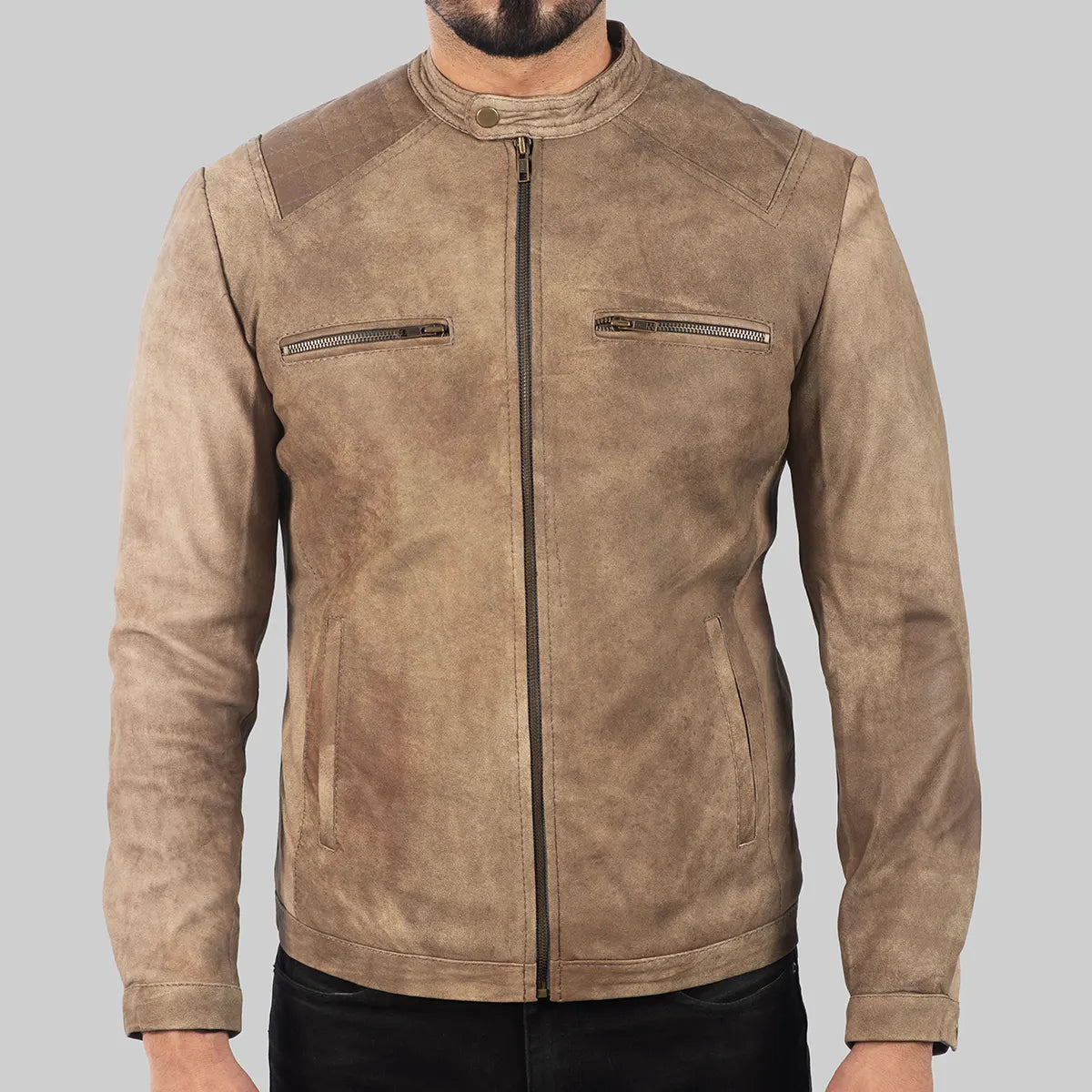 Men’s Distressed Beige Leather Biker Jacket