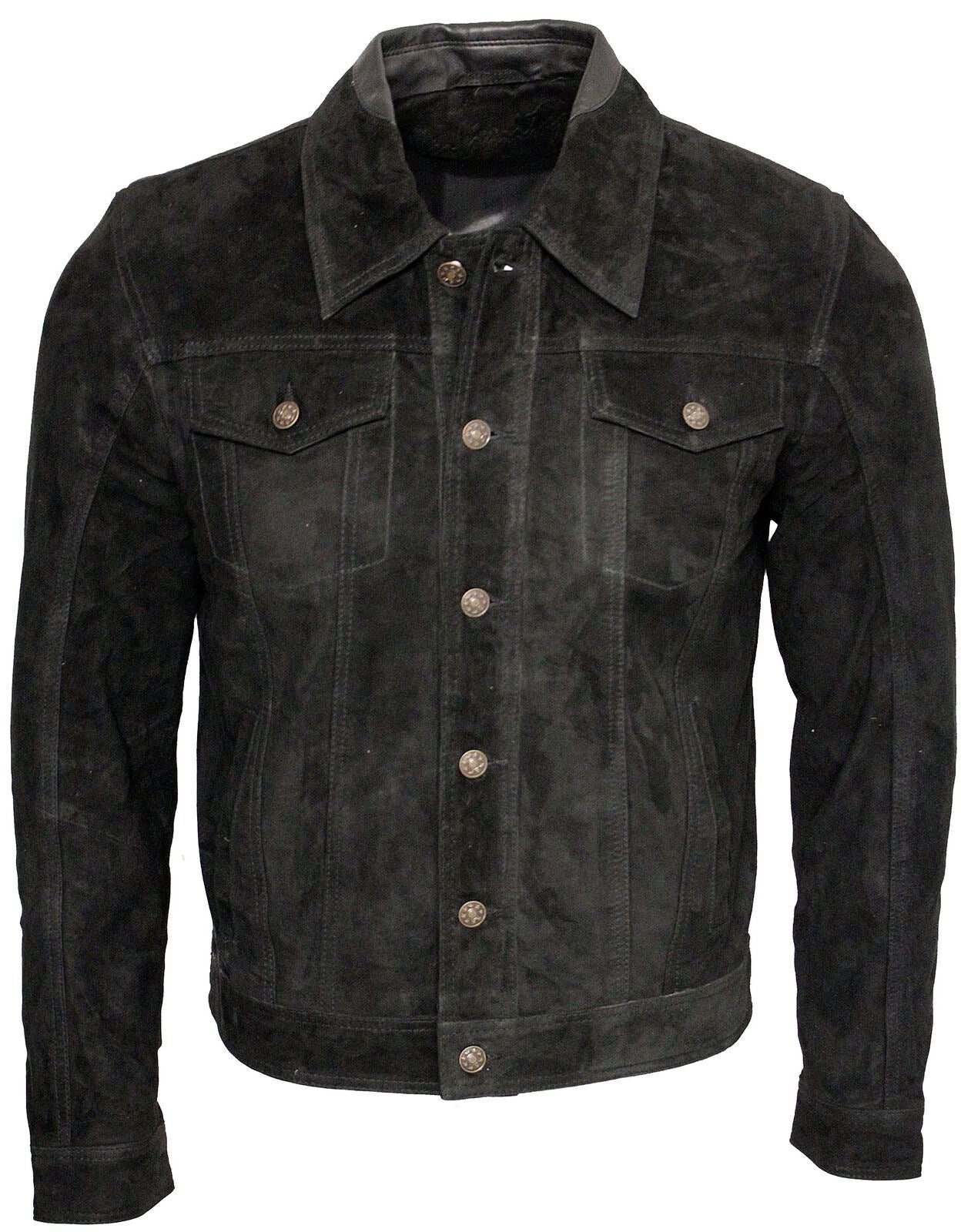 Mens Goat Suede Leather Trucker Jacket-Taraz