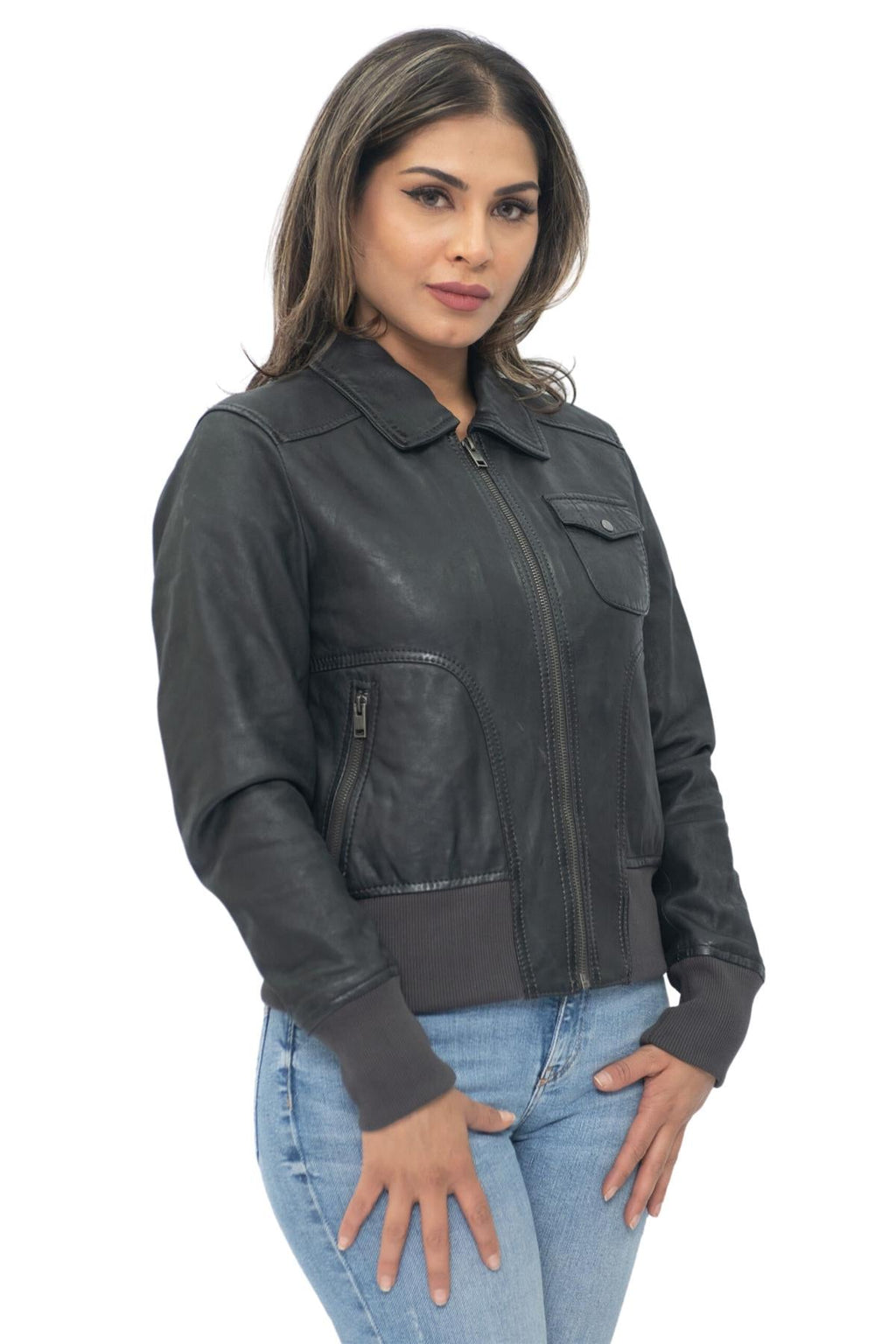 Womens Leather MA-1 Varsity Jacket-Ann Arbor