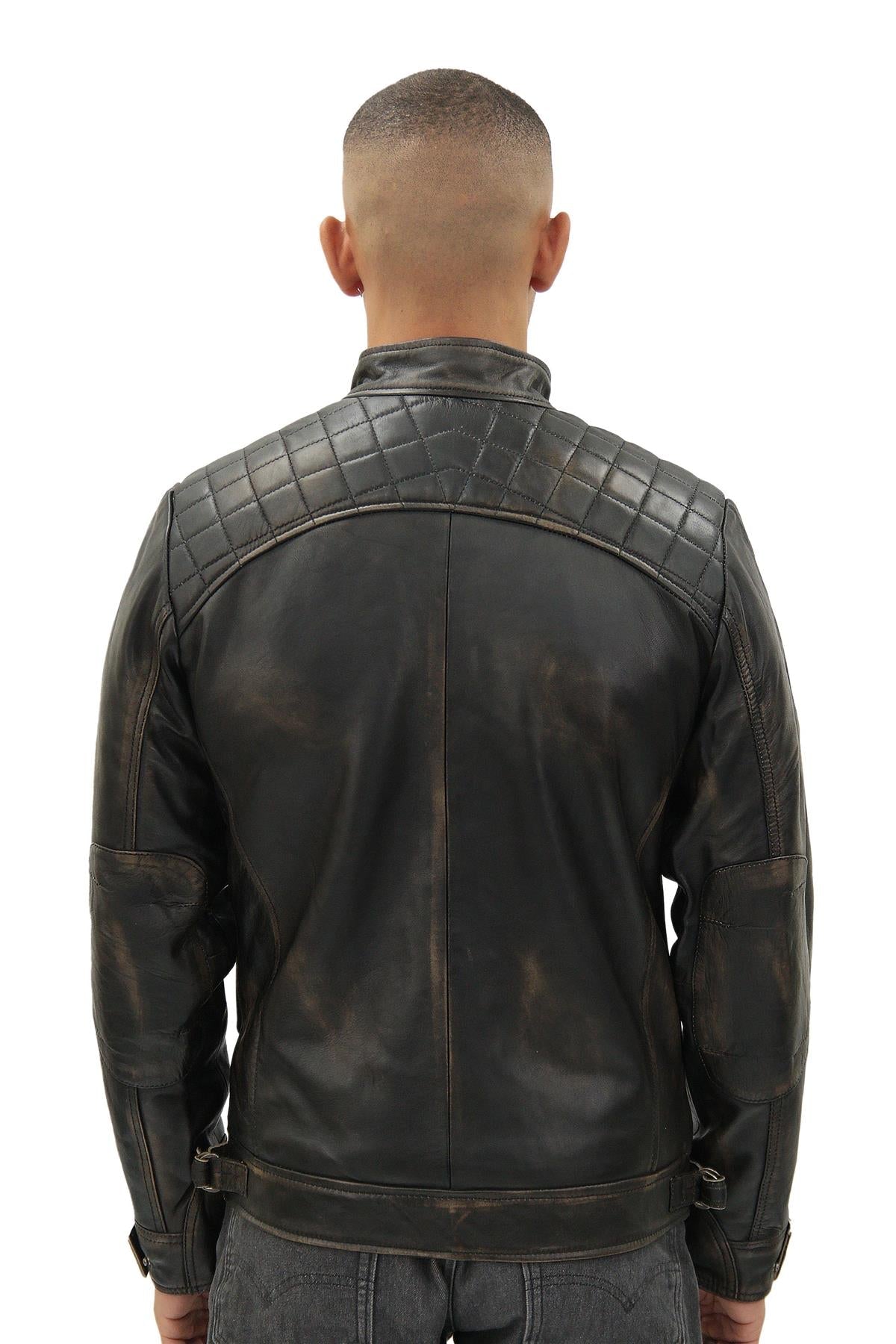 Men's Vintage Leather Quilted Biker Jacket-Monaco
