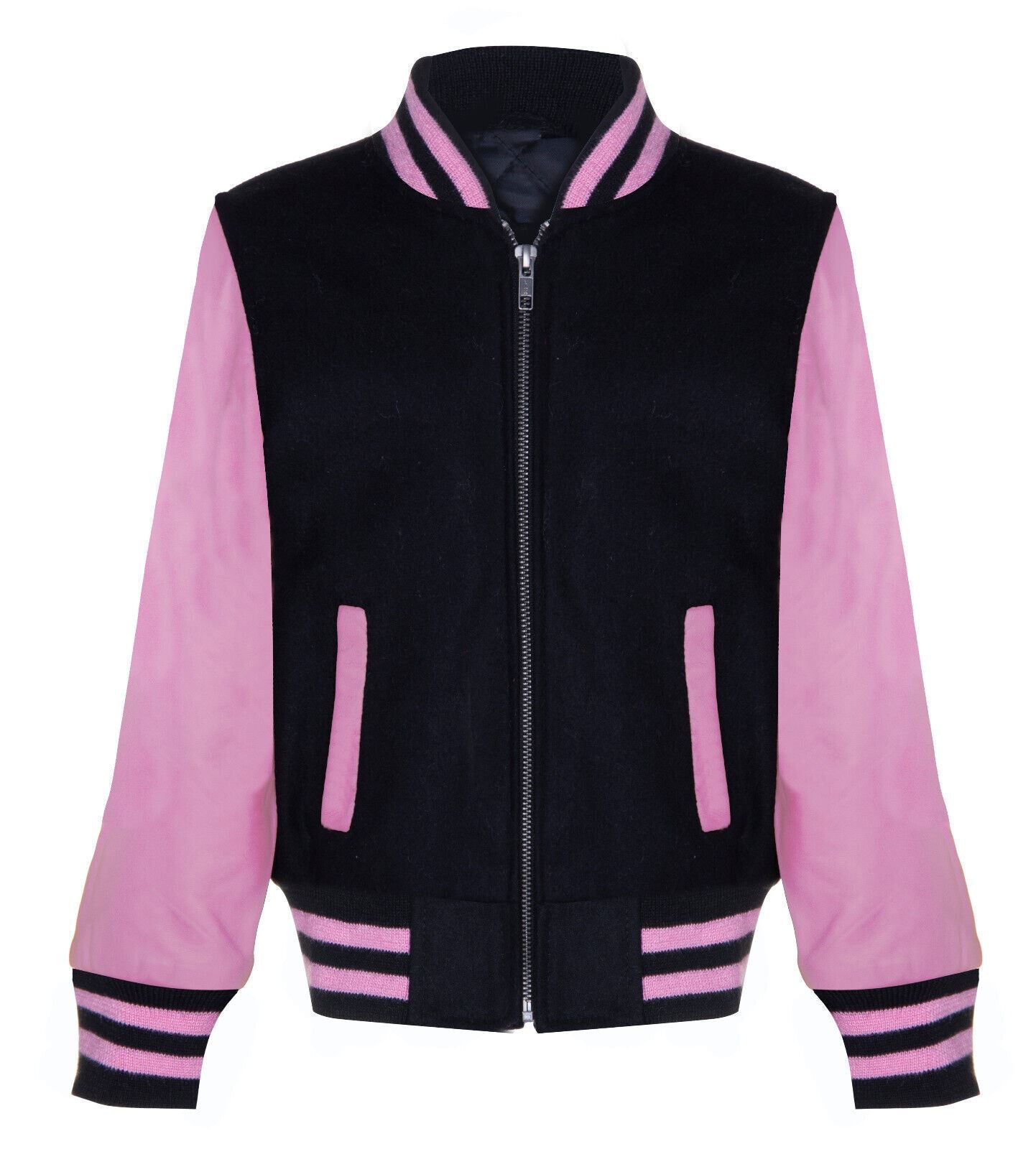 Kids Varsity Black & Pink Bomber Jacket with Real Leather Sleeves 3-13 yrs
