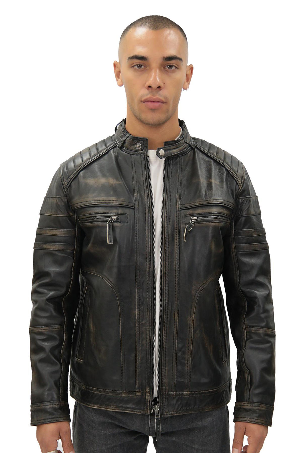 Men's Vintage Black Leather Biker Jacket-Naples