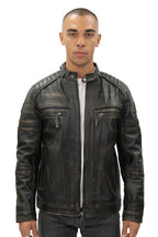 Men's Vintage Black Leather Biker Jacket-Naples