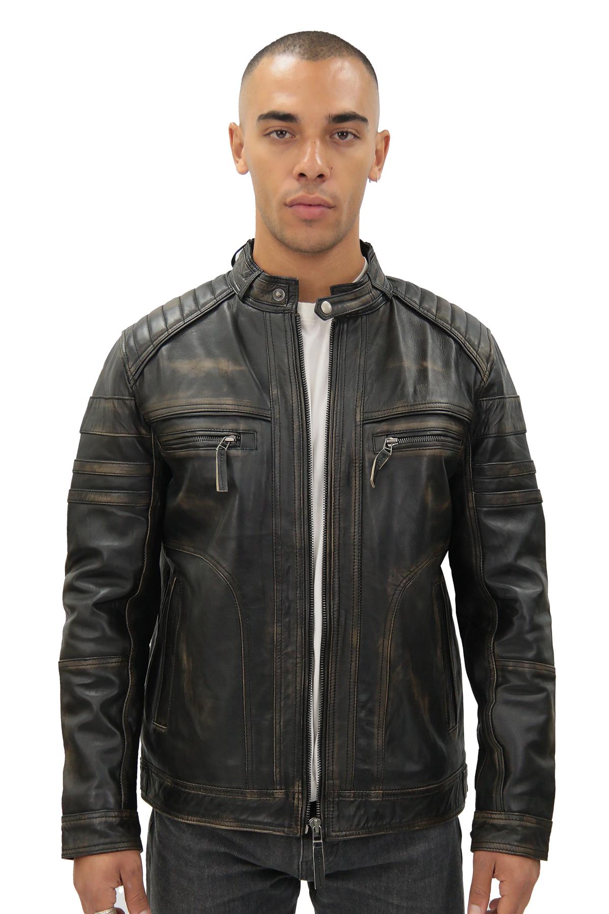 Men's Vintage Black Leather Biker Jacket-Naples