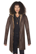 Womens Brown Hooded Sheepskin Leather Duffle Coat-Charlotte