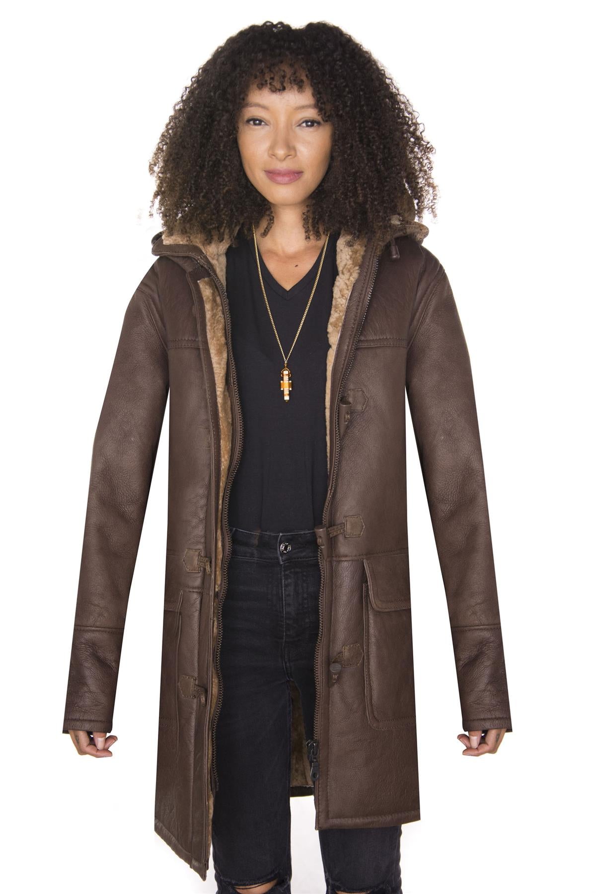 Womens Brown Hooded Sheepskin Leather Duffle Coat-Charlotte