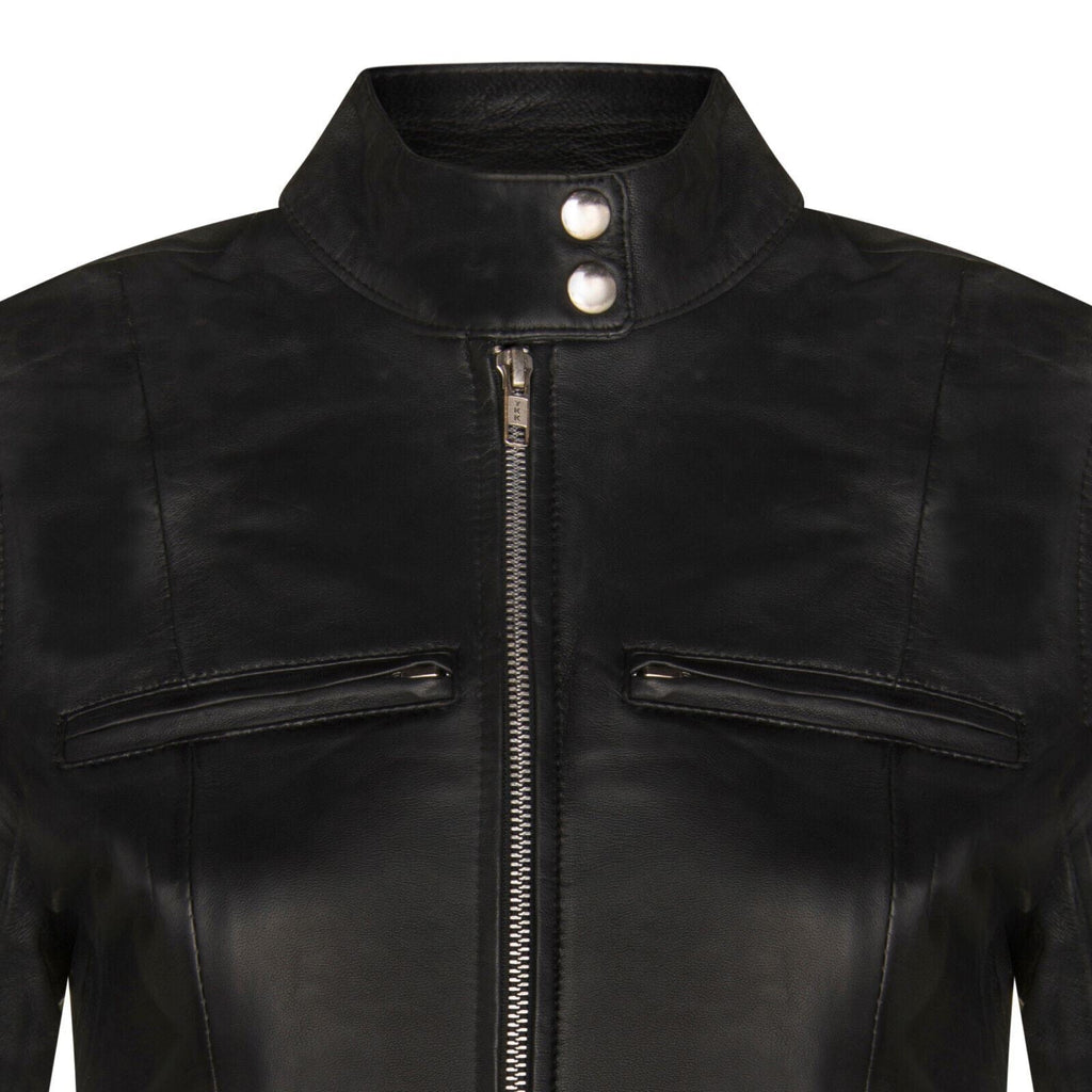 Womens Plain Leather Moto Biker Jacket-Braga
