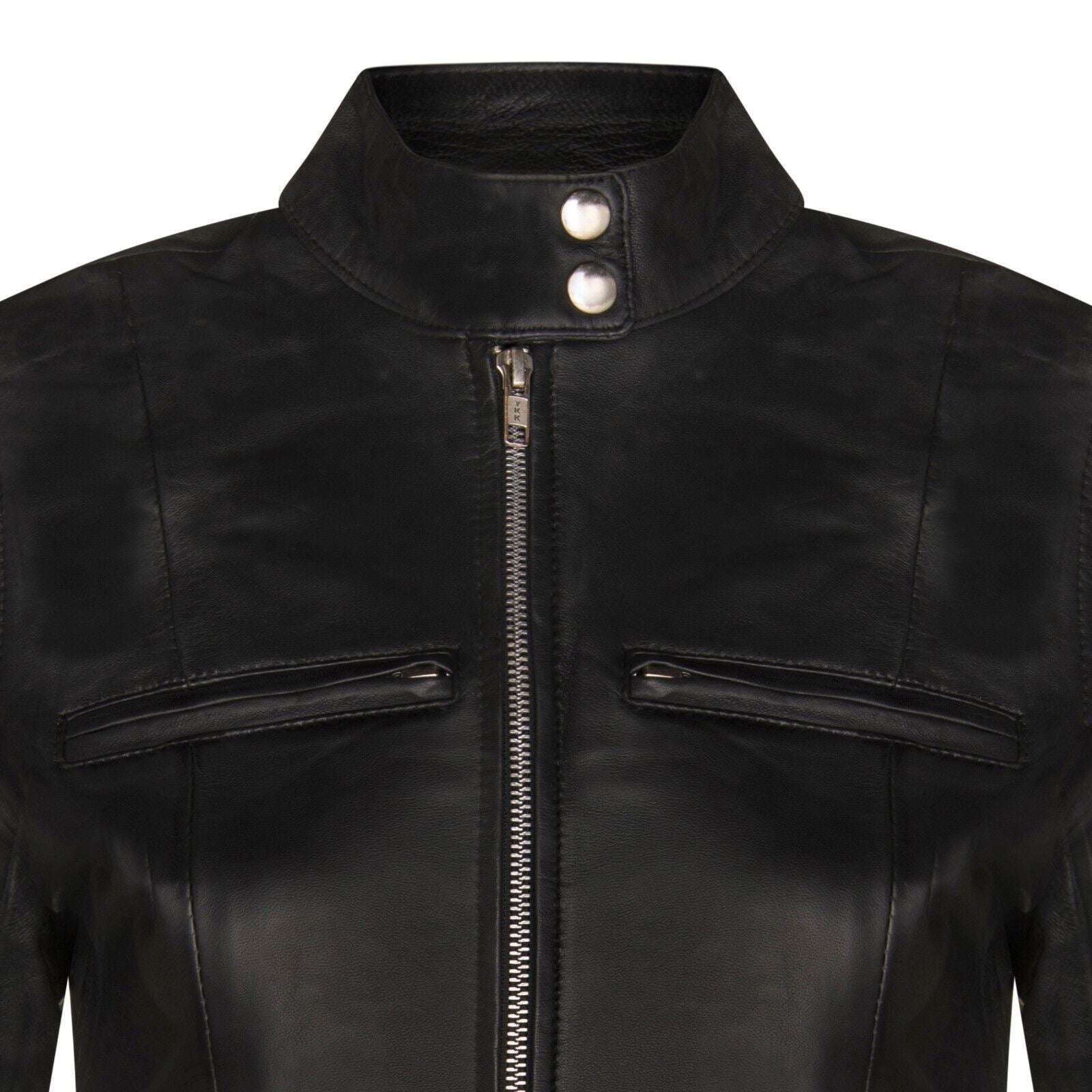 Womens Plain Leather Moto Biker Jacket-Braga