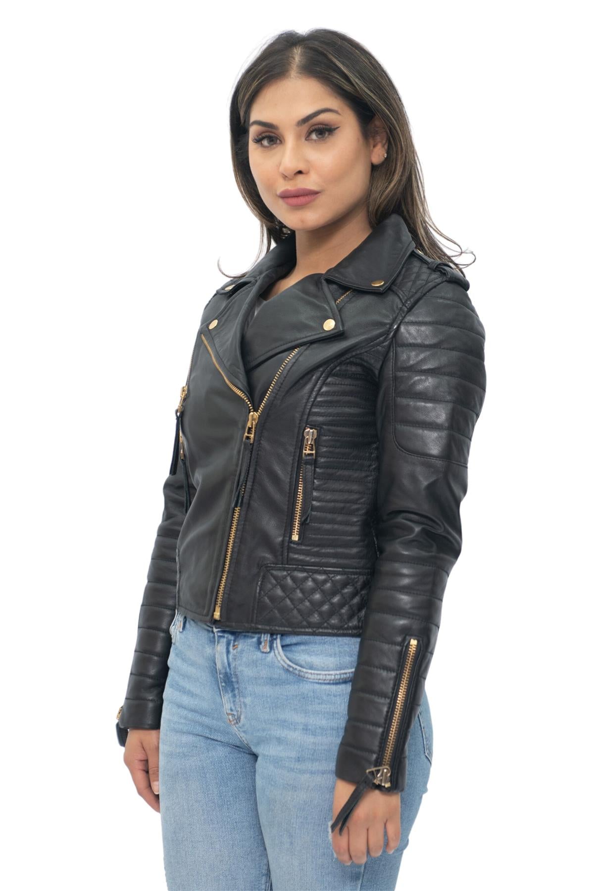 Womens Leather Quilted Vintage Brando Biker Jacket-Lusaka