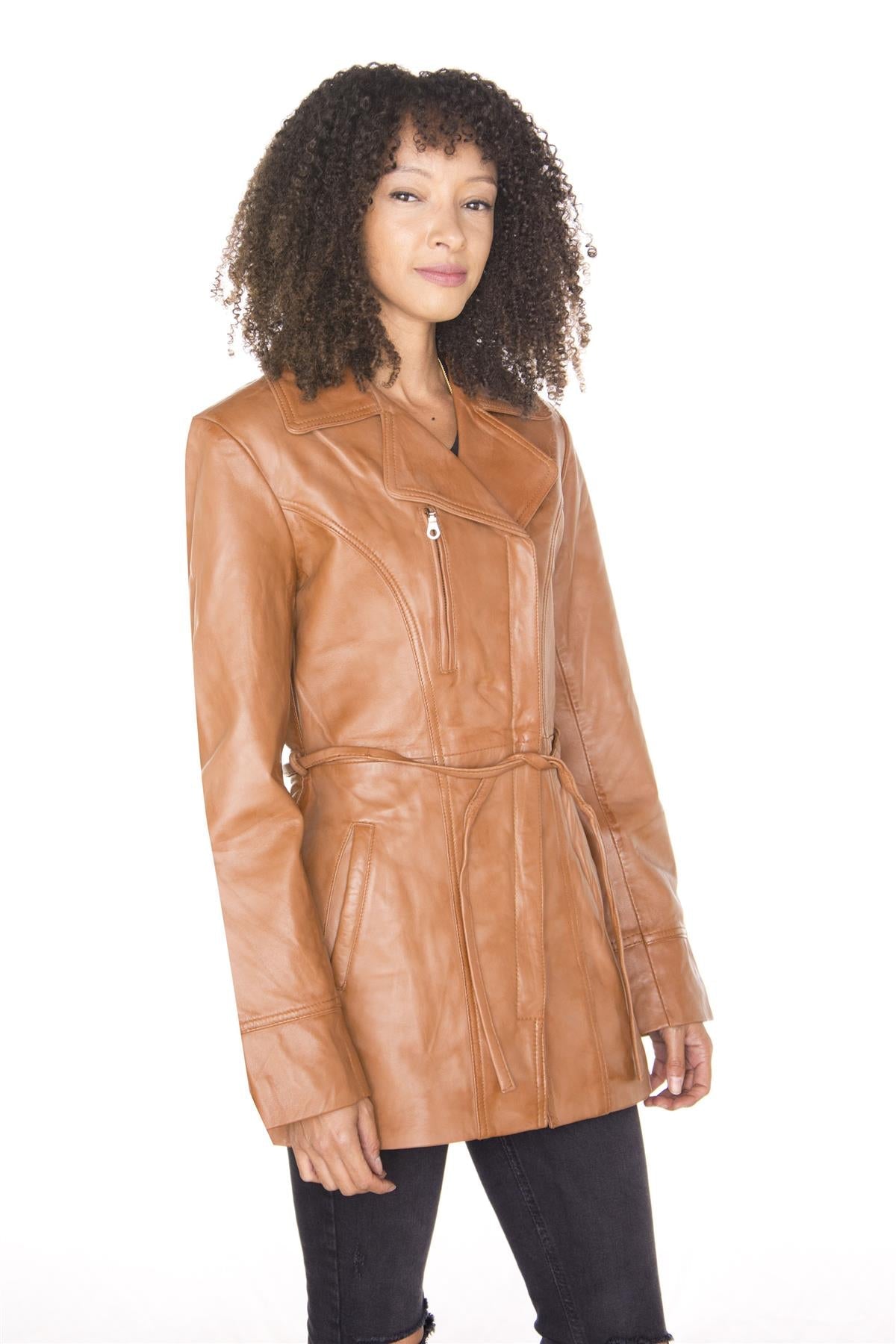 Womens Leather Long Biker Jacket-Muscat