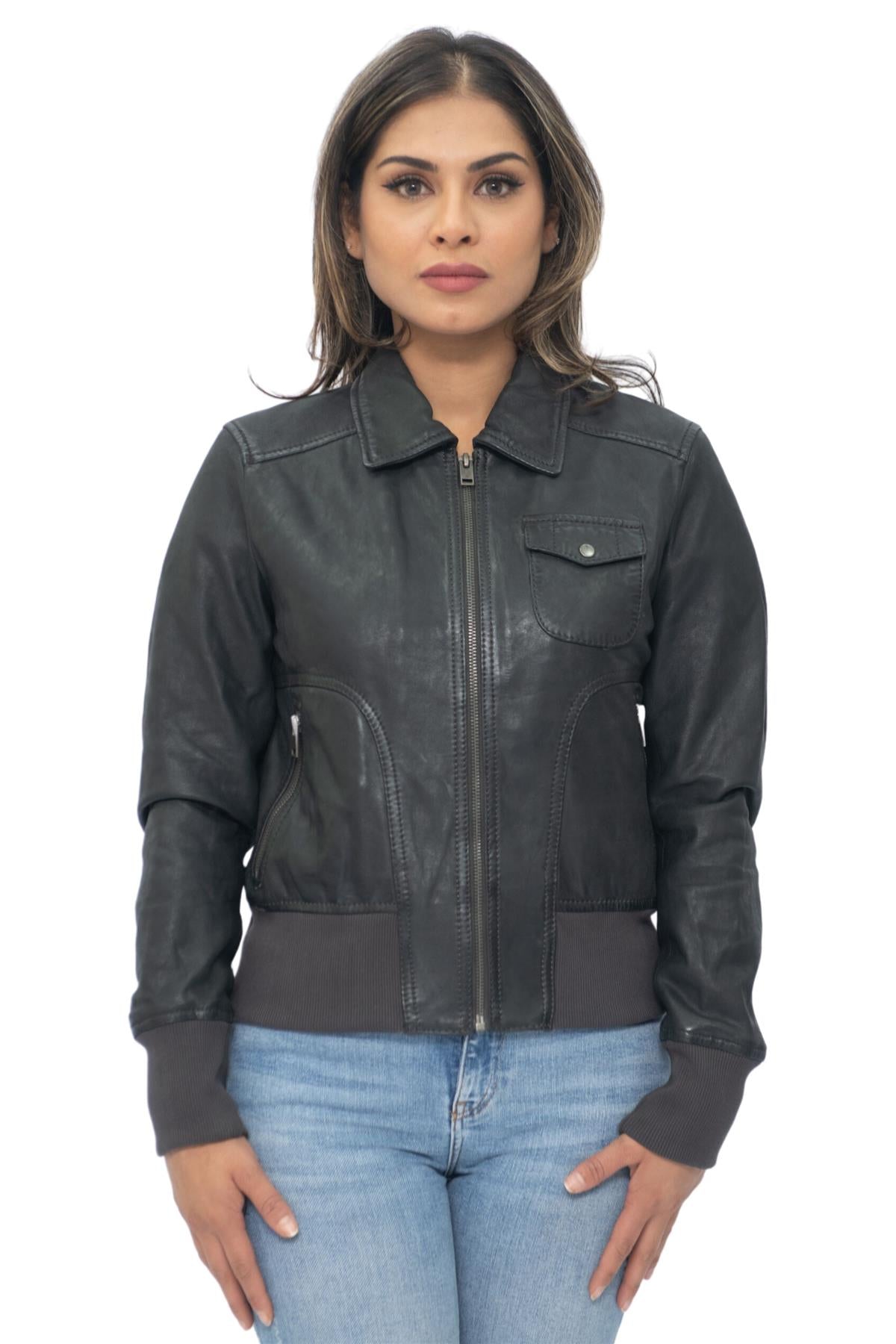 Womens Leather MA-1 Varsity Jacket-Ann Arbor