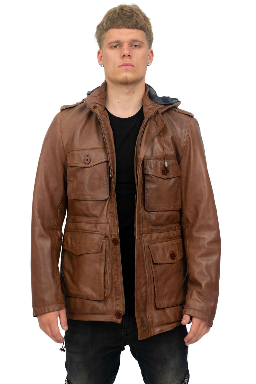 Mens Leather Hooded Trench Coat-Medellin