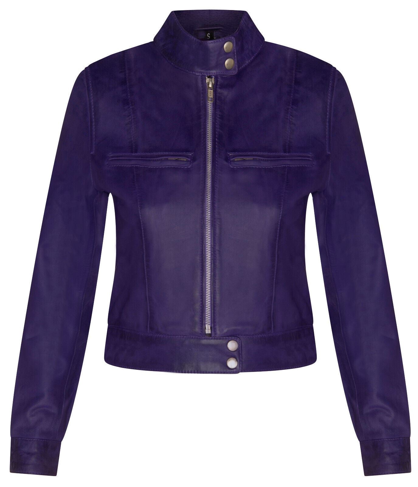 Womens Plain Leather Moto Biker Jacket-Braga