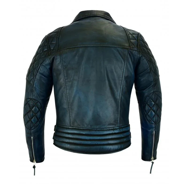 2 Toned Black & Blue Diamond Motorcycle Biker Soft Leather Jacket