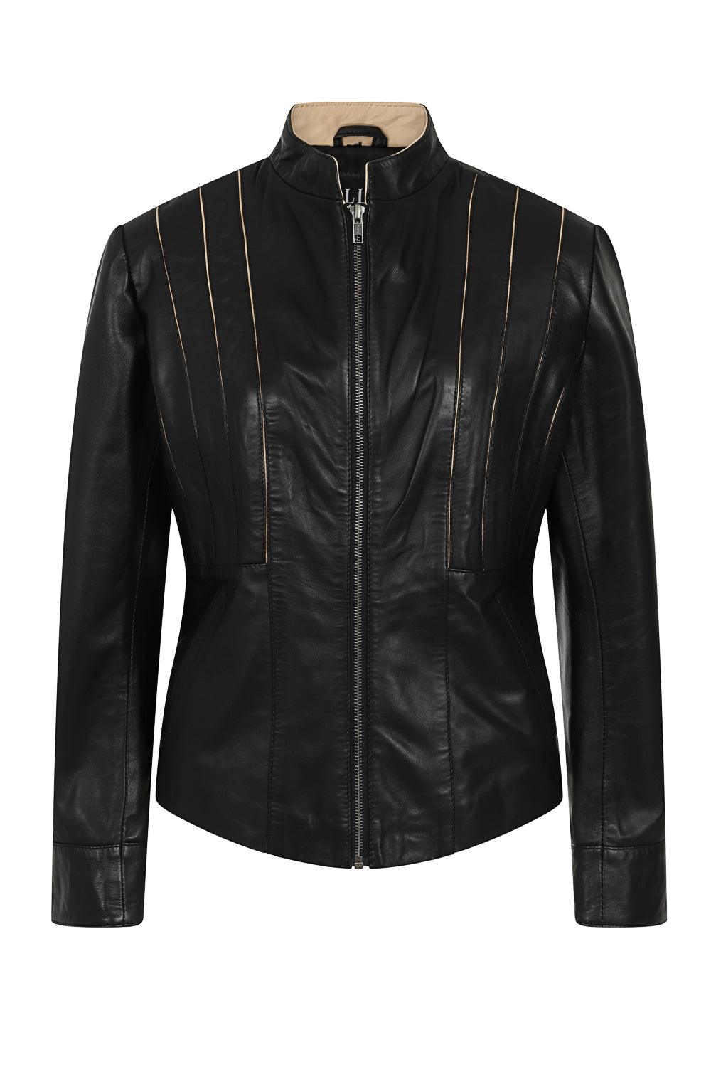 JUDY 2020 Fitted Lamb Nappa Leather Jacket - Black Cream Contrast